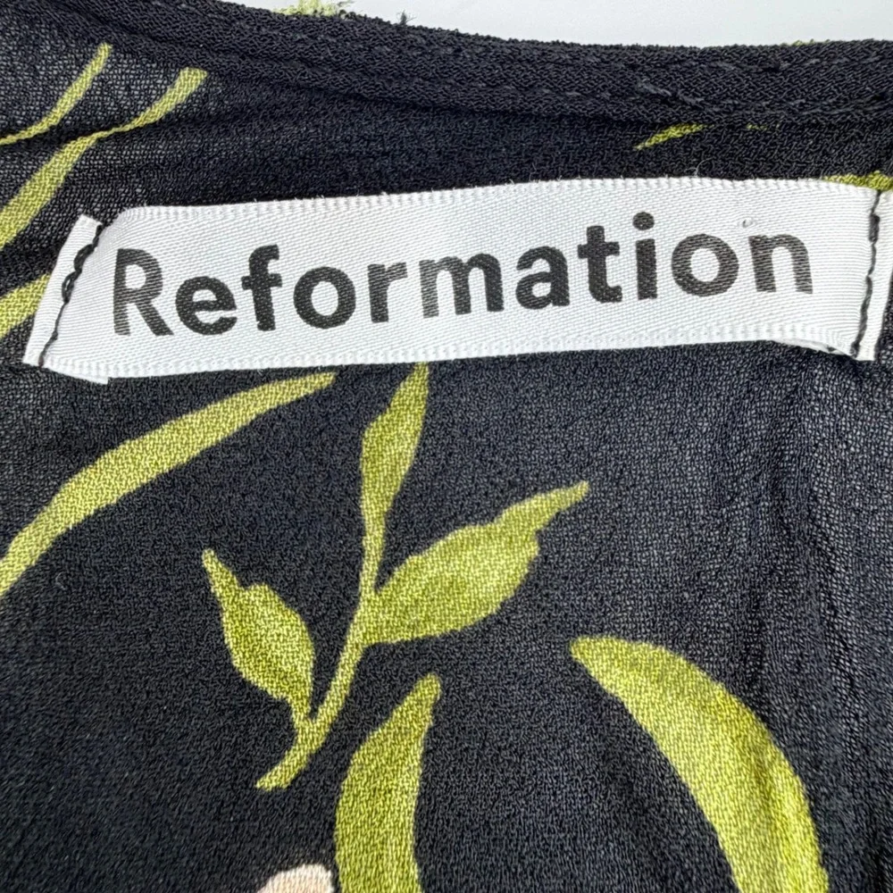 Reformation Lucky Wrap Romper XL Black Floral Viscose Ruffle Hem Womens